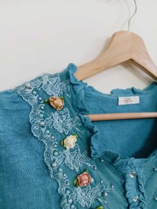 Blue Embroidered Boho Blouse