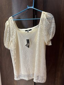Off White Tshirt, Net Pattern, With Puff Sleeves