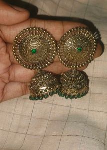 Antique Jhumka Earrings with Green Beads