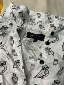 White Owl Print Button-Up Shirt