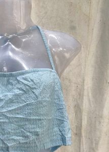 Light Blue Crinkle Halter Neck Crop Top