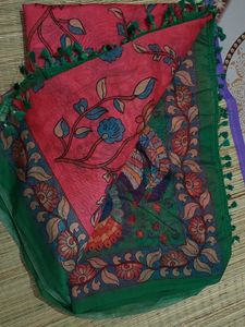 Beautiful Pink Floral Saree with Green Blouse