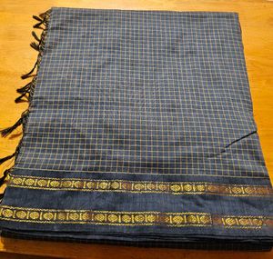 Grey Checked Arani Silk Saree with Tassels