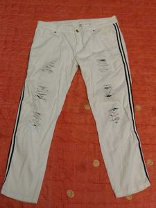 White Distressed Jeans with Side Stripes