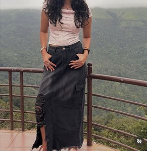 Distressed Denim Maxi Skirt