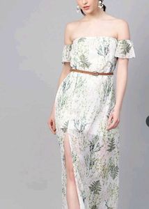 Off-Shoulder Floral Maxi Dress with Belt