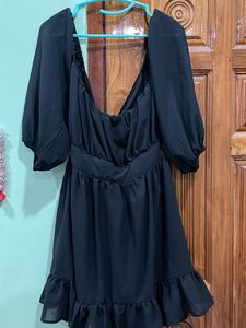 Black Puff Sleeve Mini Dress, off shoulder