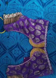 Purple+ Navy Blue  Brocade Sari With Blouse