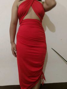 Chic Red Halter Neck Ruched Midi Dress