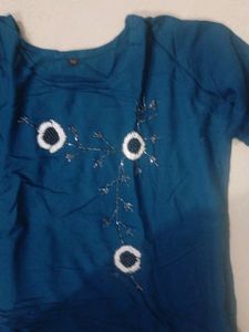 Blue And White Kurti Cheed Moti Work