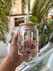 Cute Coffee Time Glass Tumbler with bamboo lid and