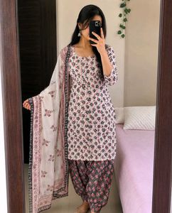 Floral Print Cotton Kurta with salwar and dupatta