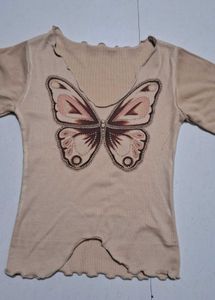 Letest Graphic butterfly Printed Crop top Biege09