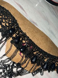 Black Lace Choker Necklace with Chains