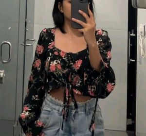 Shein Floral Print Lace-Up Crop Top