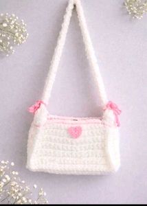 Charming White Crochet Handbag with Pink Heart