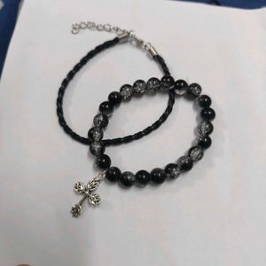 Unisex Black Beaded Cross Charm Bracelet