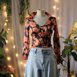 Chic Floral Print Button-Up Top