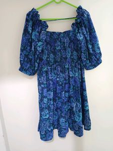 Blue Floral Smocked Square Neck Dress