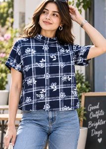Classic Navy Floral Plaid Mock Neck Top