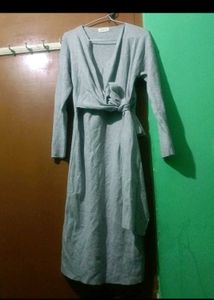 Classy Grey Waist-Tie Midi Dress for Women