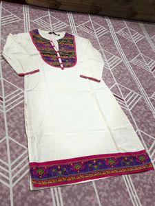 White Kurta with Embroidered Neckline