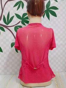 (600)Pink Ruffle Hem Cardigan