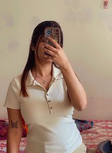 Roadster cream ribbed collared polo top - Size M