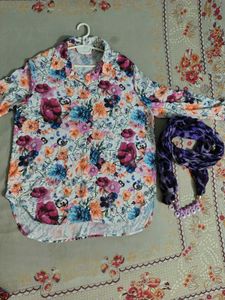 Floral Print Button-Up Shirt with Scarf
