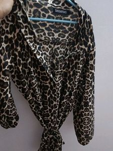 Printed mini dress with waist tie up