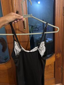 Sleek Black Spaghetti Strap Dress with Lace Trim