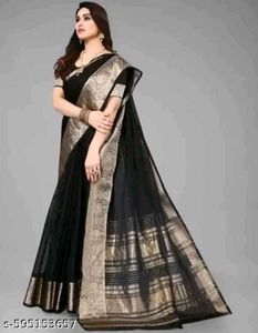 Elegant Black & Gold organza plain saree
