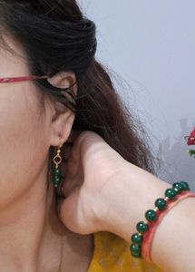 Green Beaded Dangle Earrings & bracelet