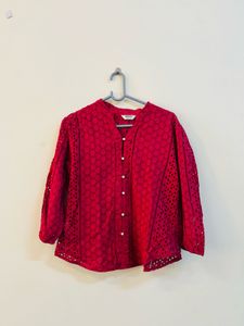 Maroon Eyelet V-Neck Blouse