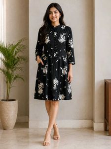Chic Black Floral Print Midi Dress
