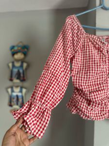 Red Gingham Ruched Button-Up Top