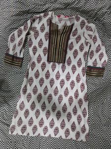 White Printed Kurti with Embroidered Neckline