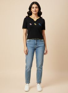 Black Butterfly Applique Crop Top