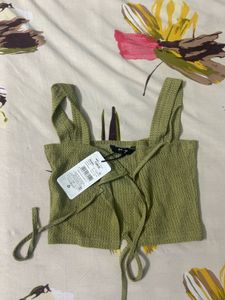 Shein Green Knit Tie-Front Crop Top