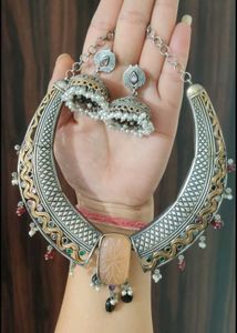 Brass Necklace &amp; Earring Set with handcarved stone
