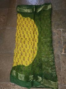 Vibrant Yellow &amp; Green Block Print Saree