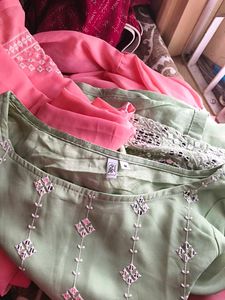 Elegant Green Embroidered Kurta Set with Pink Dupa