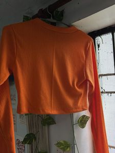 Orange Ribbed Long Sleeve Crop Top