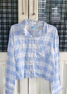 Blue &amp; White Plaid Cropped Shirt