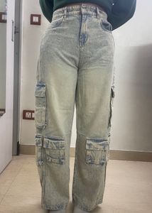 Acid Wash Baggy Fit Denim Cargo Pants