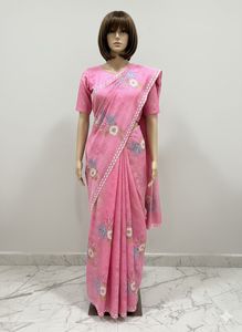 Beautiful Pink Supernet Floral Saree