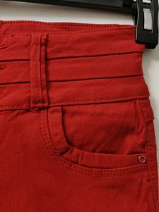 Red High-Waisted Button-Up Pants