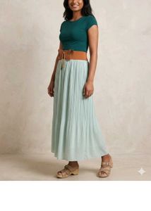 Premium Shiny Mint Green Pleated Maxi Skirt (Size