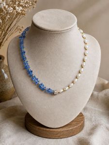 Pearl &amp; Blue Stone Necklace and Earring Set