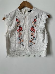 Embroidered White Lace Trim Top